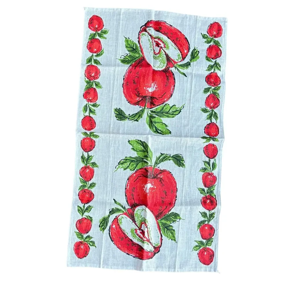 Vintage linen kitchen tea towel white & red apples motif cottage farmhouse decor